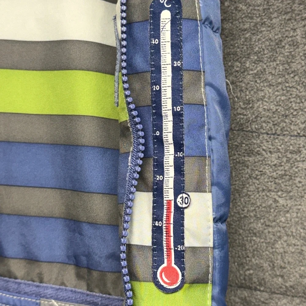 Souris Mini Boys Striped Hooded Winter Coat Blue Green Grey Fleece Lined Size 8
